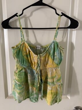 American Eagle Outfitters Yellow & Light Green Tie-Dye Smocked Tank